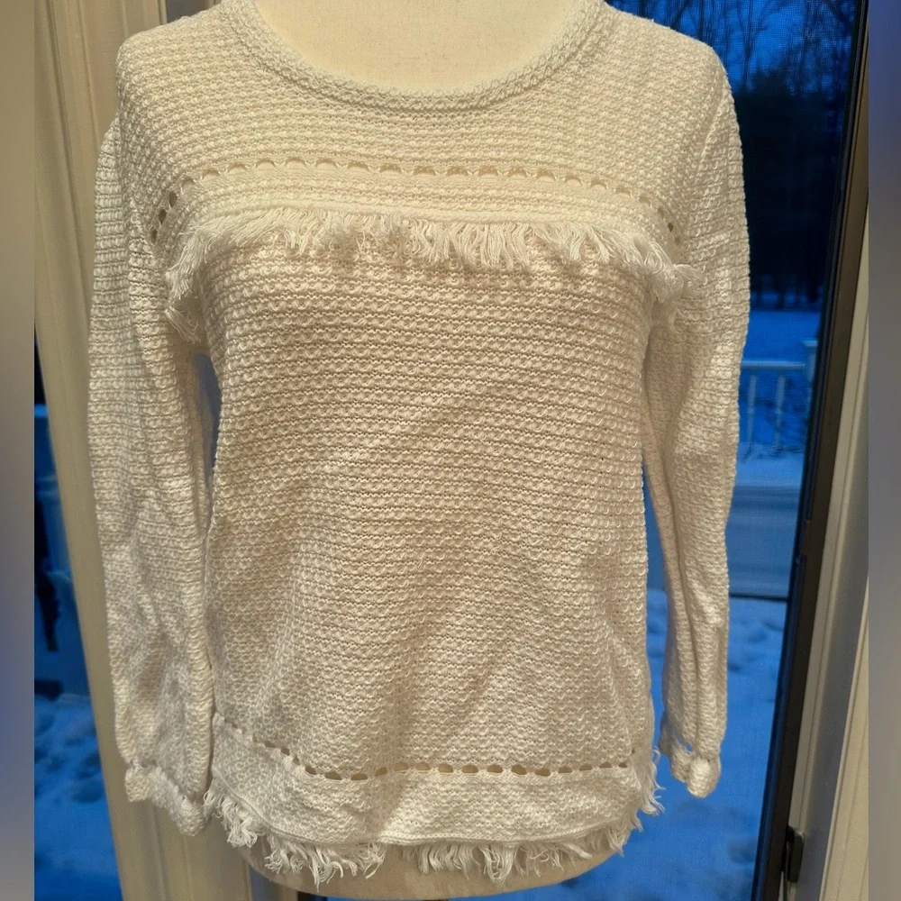 J Crew M Mercantile White Cut Out Sweater w/ Fringe In Excellent Condition! EUC - Picture 5 of 11